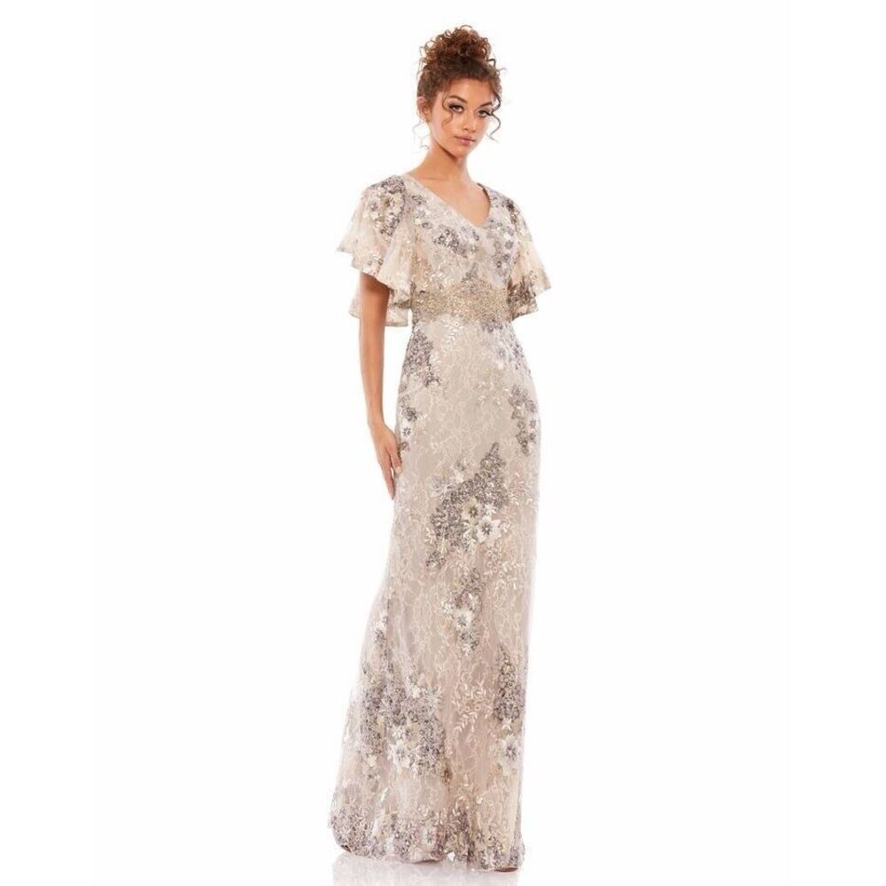 NWT Mac Duggal Bell Sleeve Embellished Gown in Taupe Size 8